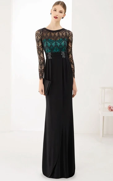 Scoop Neck Long Sleeve Sheath Chiffon Long Prom Dress With Lace Top