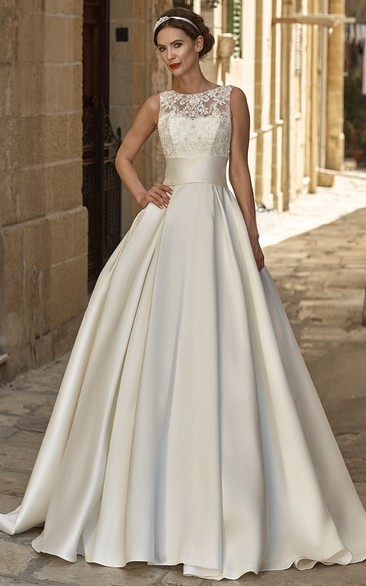 A-Line Sleeveless Floor-Length Appliqued Jewel-Neck Satin Wedding Dress