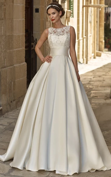 A-Line Sleeveless Floor-Length Appliqued Jewel-Neck Satin Wedding Dress