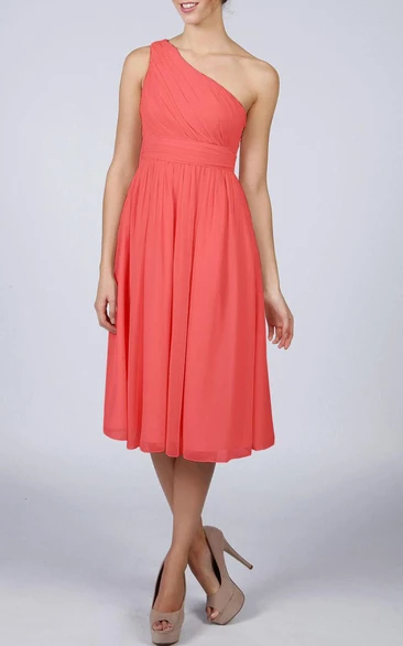 One Shoulder A-line Chiffon Knee Length Dress With Bandage Orange