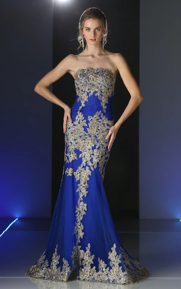 Sheath Long Strapless Sleeveless Backless Dress With Appliques And Beading
