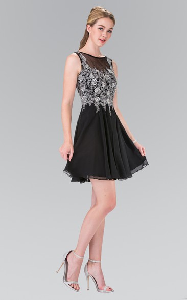 A-Line Short Bateau Sleeveless Chiffon Deep-V Back Dress With Appliques And Pleats