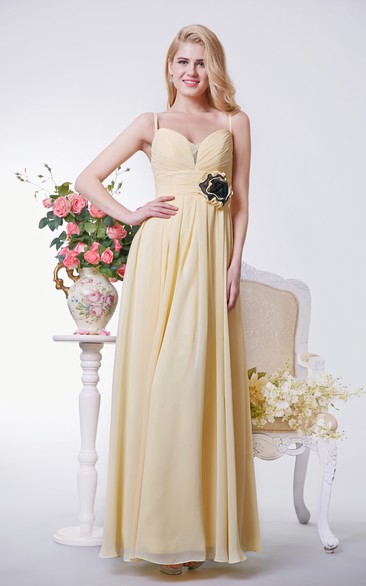 A-line Ruched Long Chiffon Dress With Spaghetti Straps