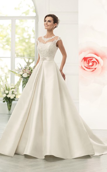 Ball Gown Floor-Length Jewel Cap-Sleeve Illusion Satin Dress With Appliques