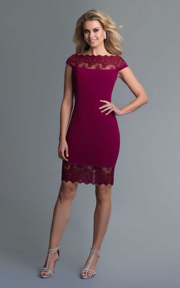 Pencil Knee-Length Bateau Short Sleeve Jersey Illusion Dress With Lace