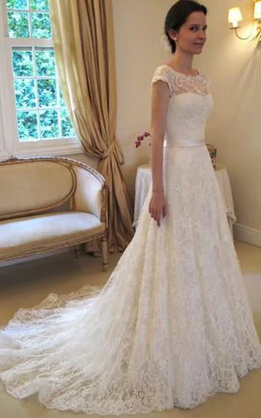 A-line Sleeveless Bateau Lace Court Train Wedding Dresses