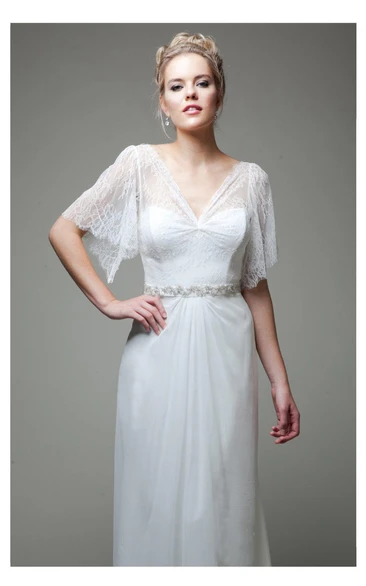 Boho Chiffon V-Neck Lace Sleeve Dress With Beaded Waistbelt