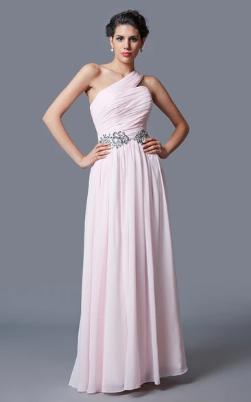 Ruched One Shoulder A-line Chiffon Gown With Beaded Belt