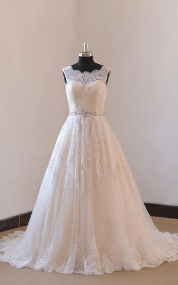 Lace A-Line Sleeveless Wedding Gown With Low-V Back and Beaded Sash