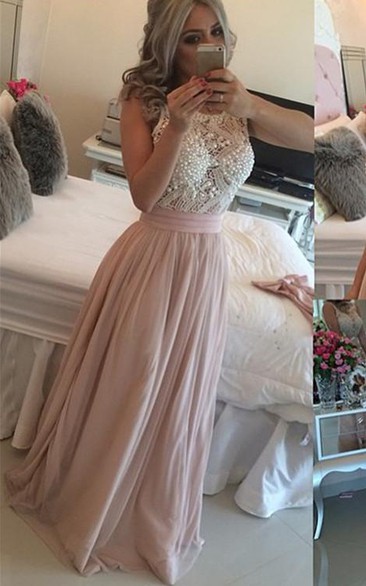 Glamorous Scoop Sleeveless Pearls Evening Dress Long Chiffon