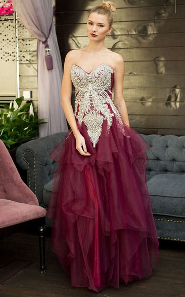 A-Line Floor-Length Sweetheart Sleeveless Tulle Ruffles Beading Lace-Up Dress