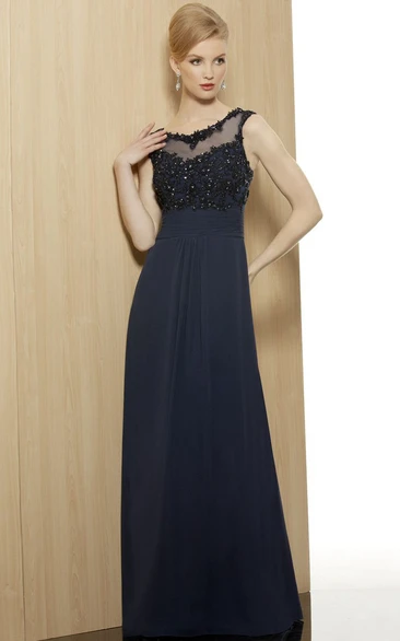 Sheath Beaded Sleeveless Floor-Length V-Neck Chiffon Formal Dress With Illusion Back And Appliques