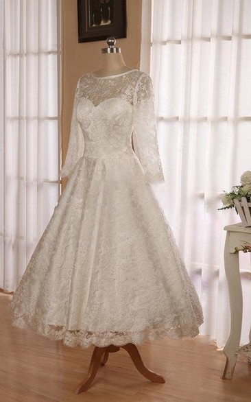 Jewel 3 4 Length Sleeve Low V Back Tea Length Lace Wedding Dress