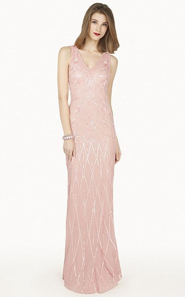 V Neck Sheath Chiffon Long Prom Dress With Sequins And Illusion Back Shown In Blush