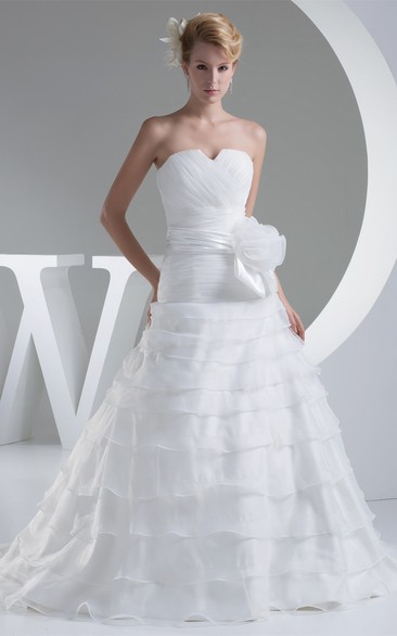 Criss Cross Sweetheart A-Line Dress With Tiered Ruffle and Flower