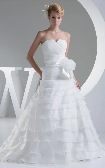 Criss Cross Sweetheart A-Line Dress With Tiered Ruffle and Flower