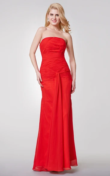 Simple Strapless Ruched Long Chiffon Dress With Draping