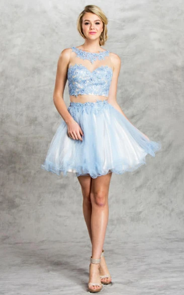 Two-Piece A-Line Short Scoop-Neck Sleeveless Tulle Illusion Dress With Appliques And Ruffles