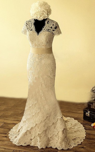 V-Neck Keyhole Back Mermaid Lace Wedding Dress With Sash And Flower