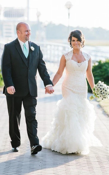 Newest Lace Ruffles Tulle Mermaid Wedding Dress Cap Sleeve