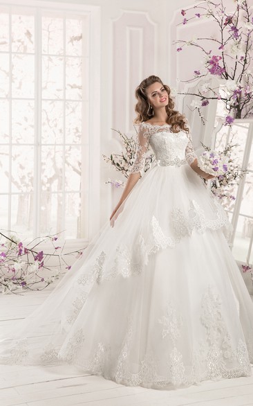 Bateau Neck Half Sleeve A-line Organza Wedding Dress With Lace Bodice