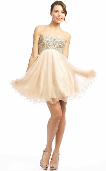 A-Line Mini Beaded Sleeveless Sweetheart Tulle Prom Dress