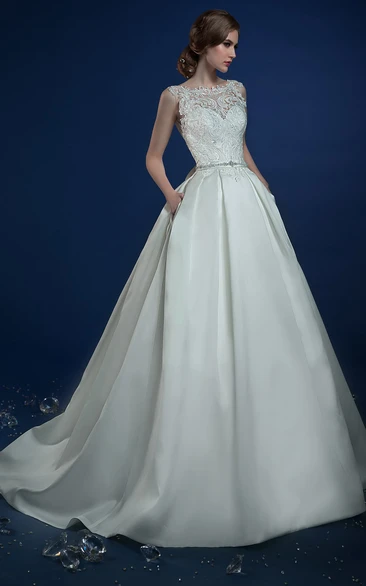 A-Line Long Jewel-Neck Sleeveless Keyhole Satin Dress With Appliques And Beading