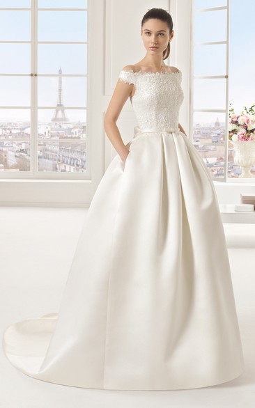 Satin Off-Shoulder Ball Gown With Lace Bodice