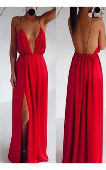 Sexy Red Spaghetti Straps Prom Dress Long Deep V-Neck