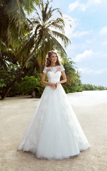 A-Line Long Off-The-Shoulder Cap-Sleeve Lace-Up Tulle Dress With Appliques And Beading