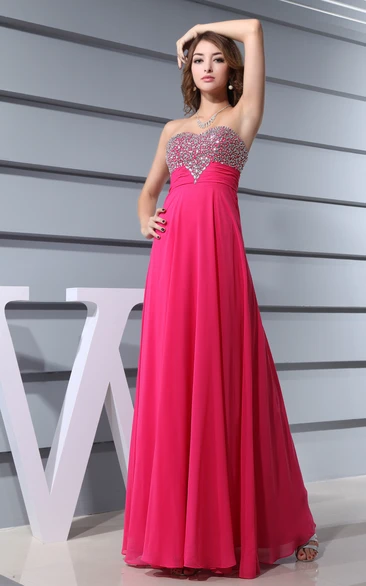 Chic Sweetheart Chiffon Beaded Dress With Ruched Waist