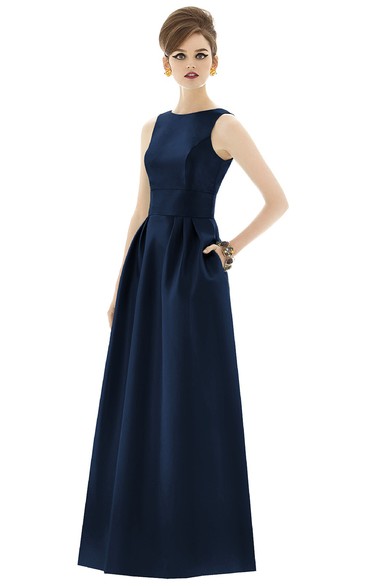 Long Bateau Sleeveless Satin Dress with Pockets and Pleats