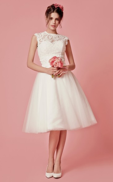 Aristocratic Cap-sleeve High Neck Tea-length Dress With Lace Top