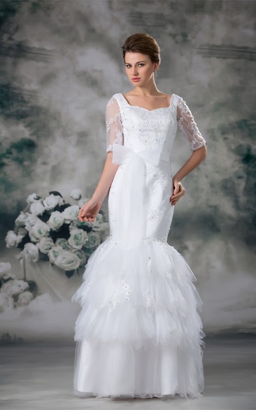 Glam Half Short Sleeve Square Satin Appliqued Wedding Dresses