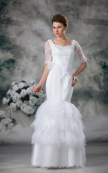 Glam Half Short Sleeve Square Satin Appliqued Wedding Dresses