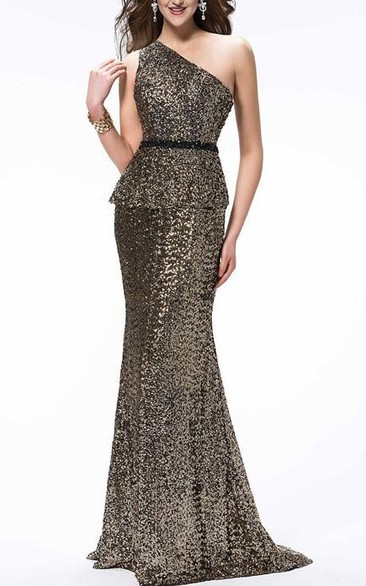 Shinning One-Shoulder Sequins Sweep Train Beading Floor-Length Evening Dress