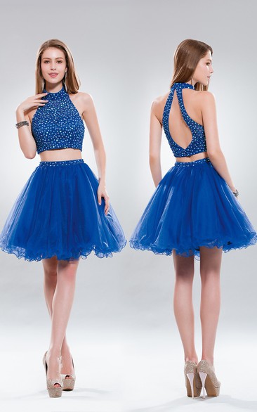 Two-Piece A-Line Short High Neck Sleeveless Tulle Keyhole Dress With Beading And Ruffles