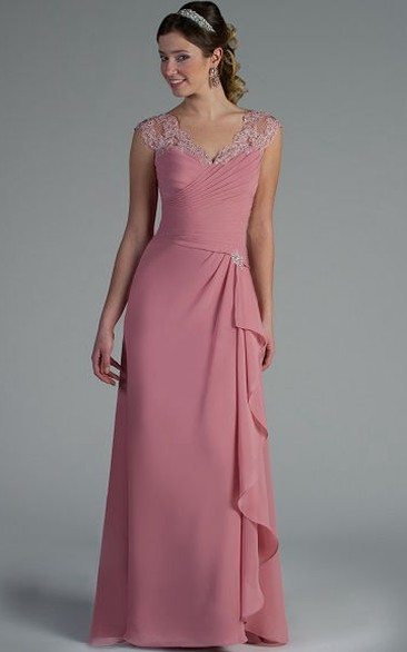 Appliqued V Neck And Cap Sleeve Chiffon Long Mother Of The Bride Dress With Side Drape