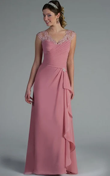 Appliqued V Neck And Cap Sleeve Chiffon Long Mother Of The Bride Dress With Side Drape