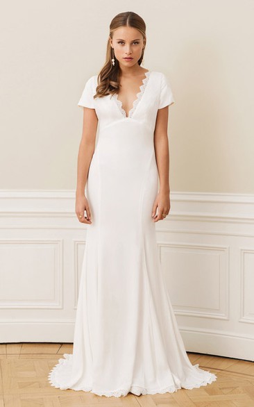 Sexy Sheath Scalloped Chiffon Lace Sweep Train Short Sleeve Open Back Zipper Wedding Dress