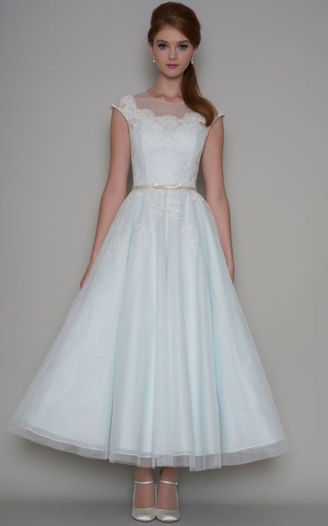 Ankle-Length A-Line Cap Sleeve Scoop Neck Appliqued Tulle Wedding Dress