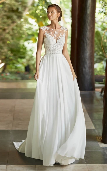 Deep V-back Ethereal Cap Sleeve And Court Train Lace Chiffon Wedding Dress