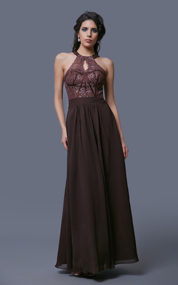 Sleeveless A-Line Chiffon Dress With Keyhole Back and Lace Bodice