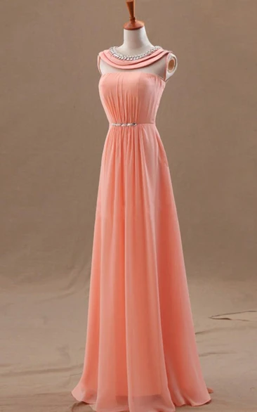 A-line Sleeveless Scoop Beading Chiffon Floor-length Dresses