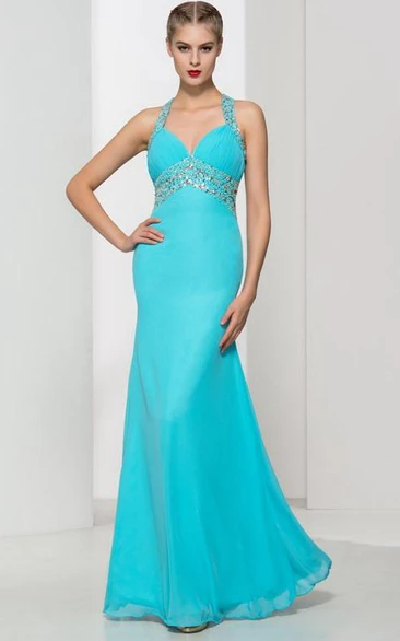 Beading Pleats Criss-Cross Straps Prom Dress