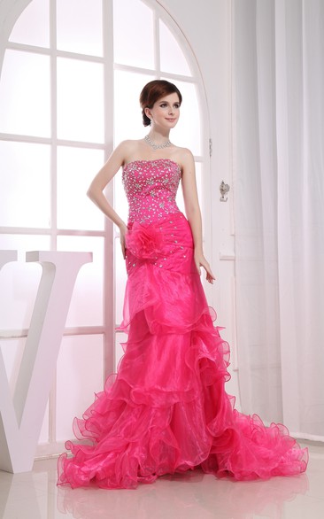 Chic Strapless Ruffles Dress With Beaded Top and Flower
