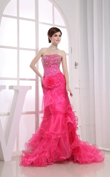 Chic Strapless Ruffles Dress With Beaded Top and Flower