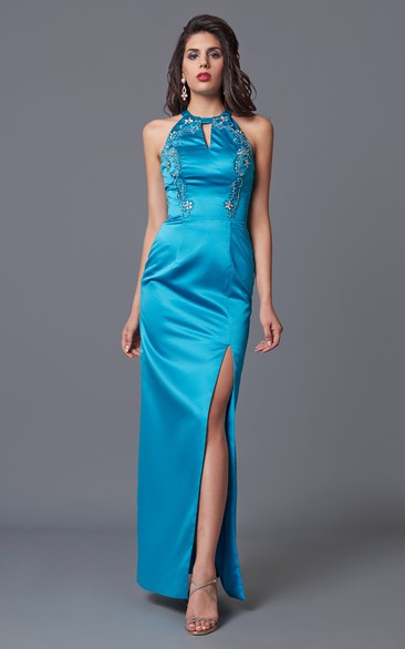 Feminine Sleeveless High Neck Sheath Satin Gown With Floral Beading