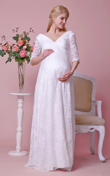 Graceful Low-v Neck 3-4-sleeved Lace Long Dress