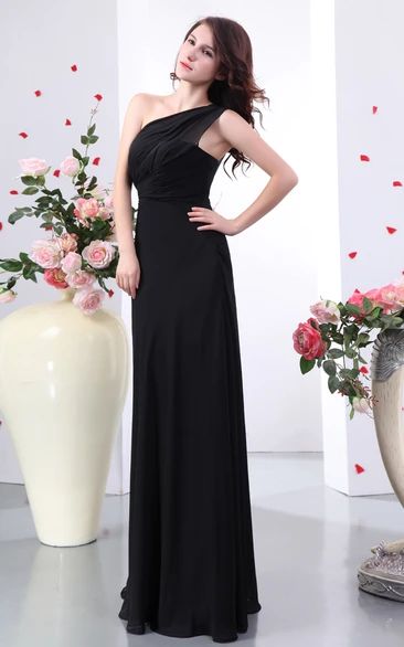 One-Shoulder Chiffon Ruched Floor-Length Dress